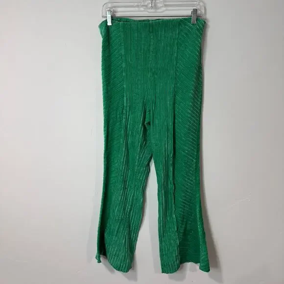 Free People Women's Slim Pull-On Velvet Flare Pants Green Bee Large Retro Funky - Picture 2 of 8